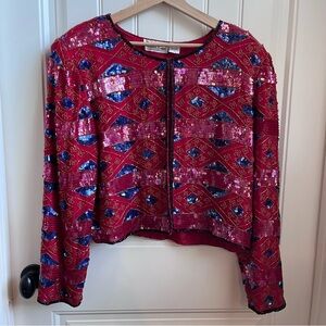 vintage Laurence Kazar silk sequin beaded jacket  blue red 1x Christmas